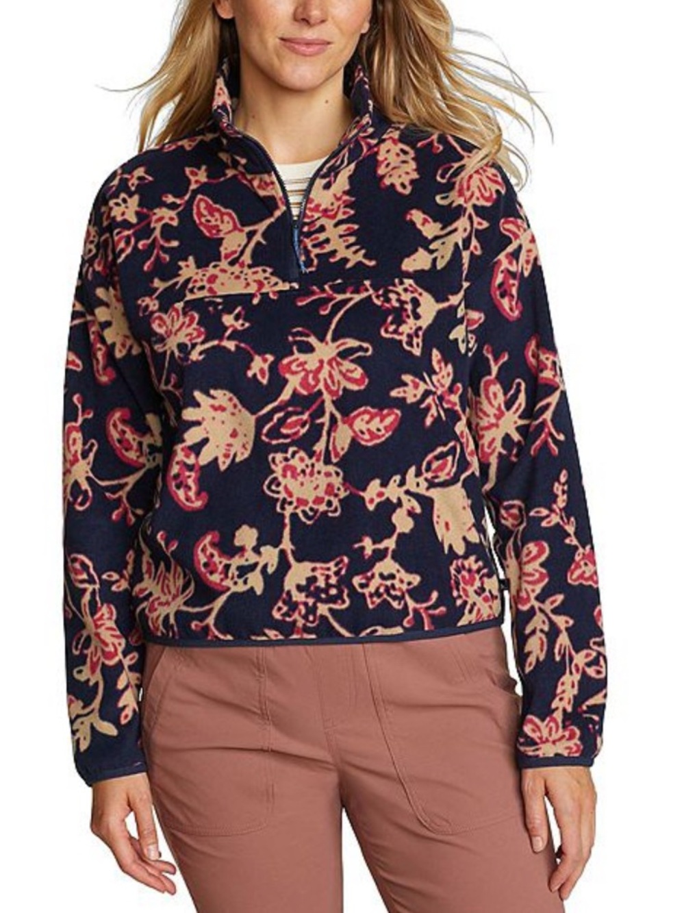 Eddie Bauer Floral Quarter-Zip Fleece Pullover - Navy/Pink size XL